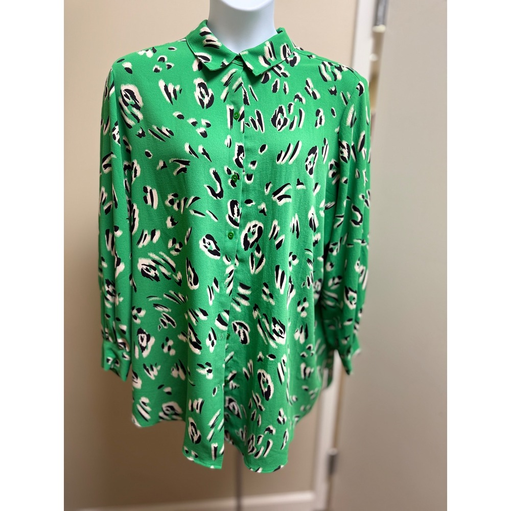 Bright Green Animal Print Button‎ Up Long Sleeve Shirt Investments Women's